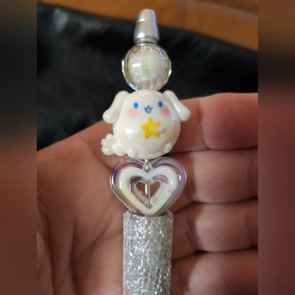 Cute Silver and White Pen with Heart and Star Design